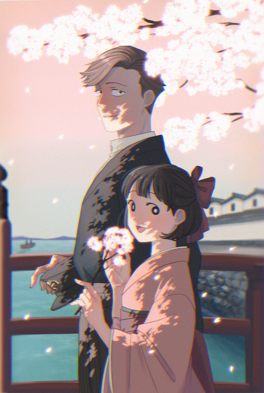 1boy, 1girl, :d, black_hair, black_headwear, blurry, blurry_background, bob_cut, bow, branch, bridge, brown_hair, cherry_blossoms, chibi_maruko-chan, dappled_sunlight, day, flower, from_side, hair_bow, hakama, half_updo, hanawa_kazuhiko, hat, hat_removed, headwear_removed, height_difference, highres, holding, holding_branch, holding_hat, japanese_clothes, kimono, long_sleeves, looking_at_viewer, looking_to_the_side, meiji_schoolgirl_uniform, older, open_mouth, outdoors, posha-art, red_bow, red_hakama, red_kimono, sakura_momoko, short_hair, side-by-side, sky, smile, sunlight, upper_body, wide_sleeves