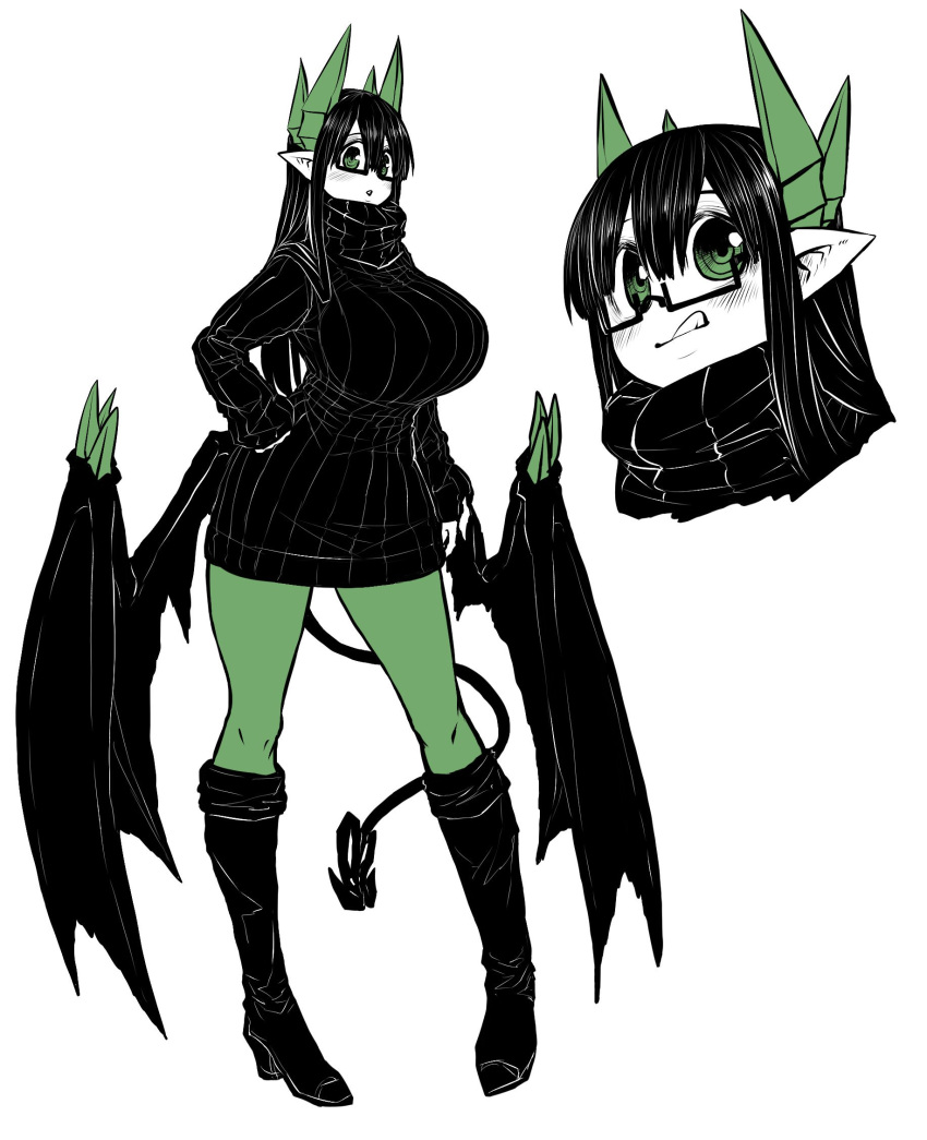 1girl, :o, black_hair, black_sweater, blush, boots, breasts, demon_tail