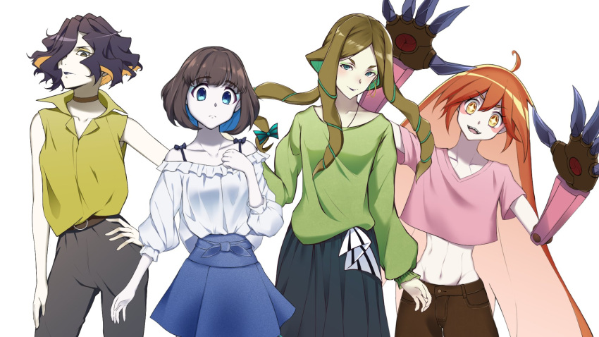 4girls, ahoge, alternate_costume, ankh_(ankh_05), black_hair, blue_eyes, brown_hair, casual