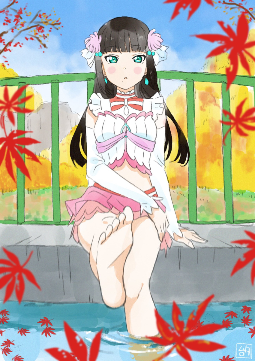 1girl, autumn, autumn_leaves, barefoot, black_hair, fence, green_eyes, hair_ornament