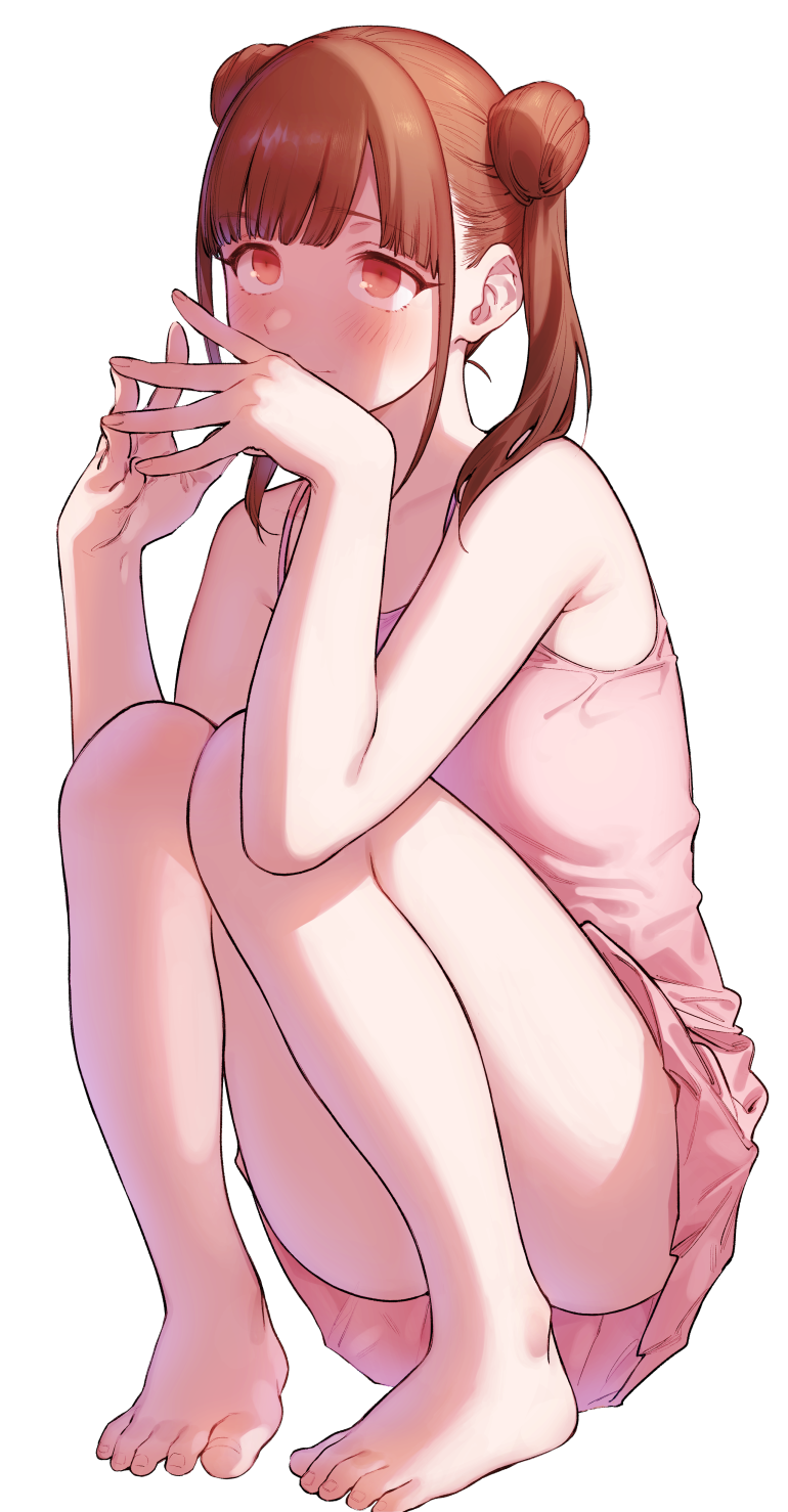 1girl, ass, bangs, bare_shoulders, barefoot, blush, breasts, brown_hair