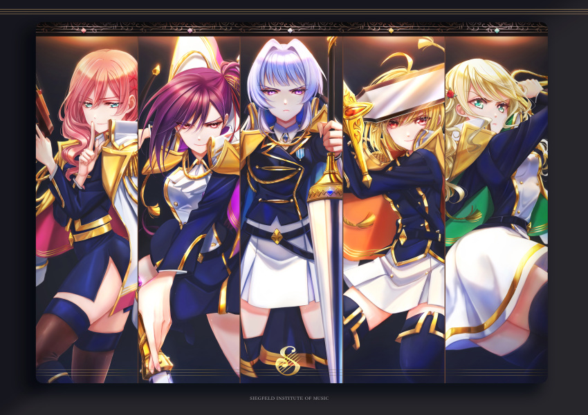 5girls, ahoge, belt, black_footwear, black_hair, black_legwear, black_skirt, blackfangs