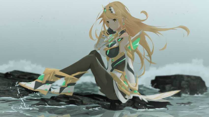 1girl, 3d, armor, blonde_hair, boots, breasts, dress, elbow_gloves, gloves, highres, mythra_(xenoblade), large_breasts, long_hair, pose, sculp2, shoulder_armor, solo, thigh-highs, very_long_hair, water, xenoblade_(series), xenoblade_2, yellow_eyes