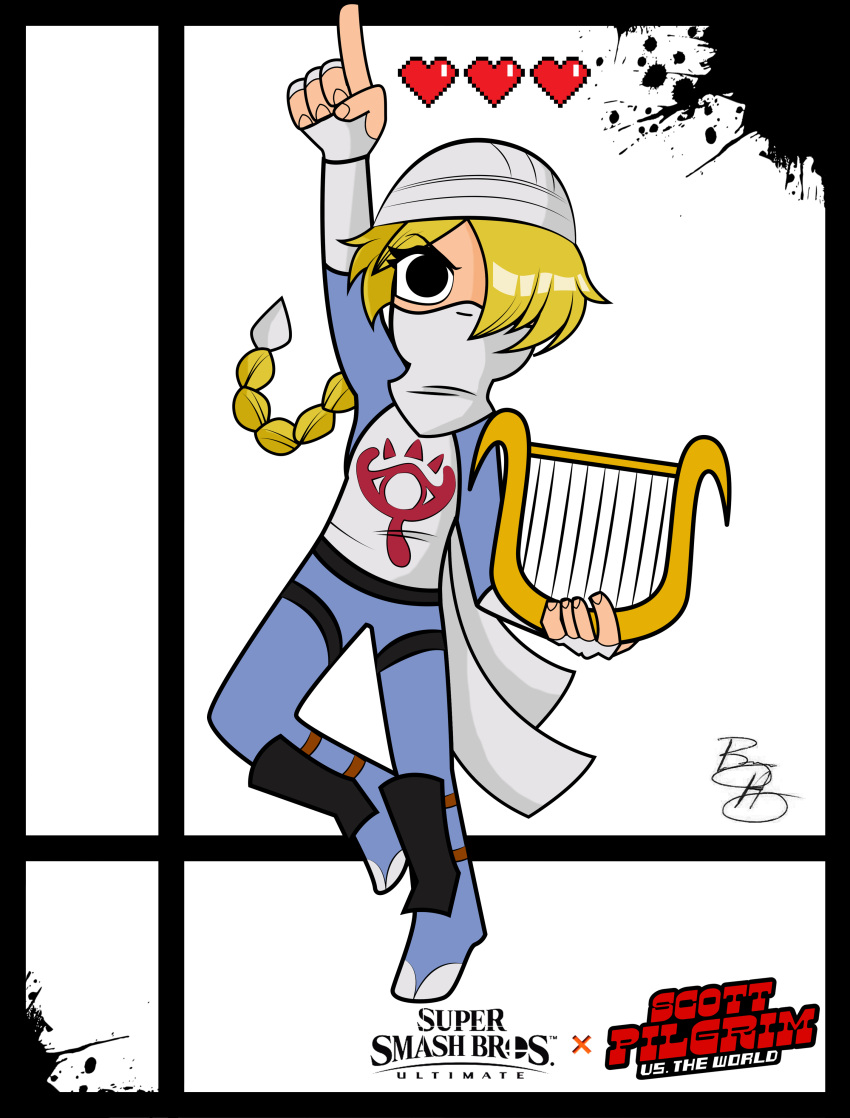 1girl, artist_name, blonde_hair, bryan_lee_o'malley_(style), harp, heart, instrument, long_hair