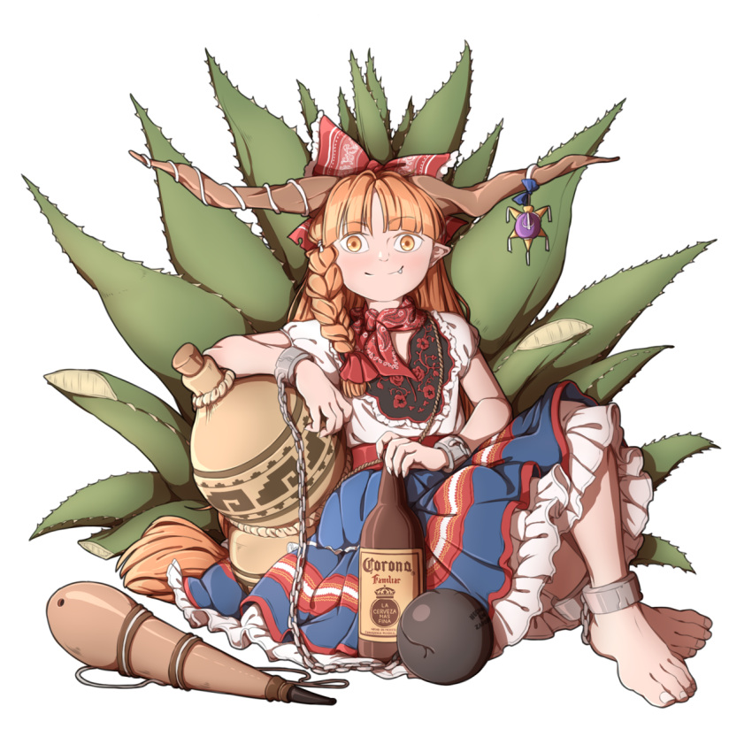 1girl, agave, alcohol, artist_progress, ball_and_chain, ball_and_chain_restraint, bandana, bangs
