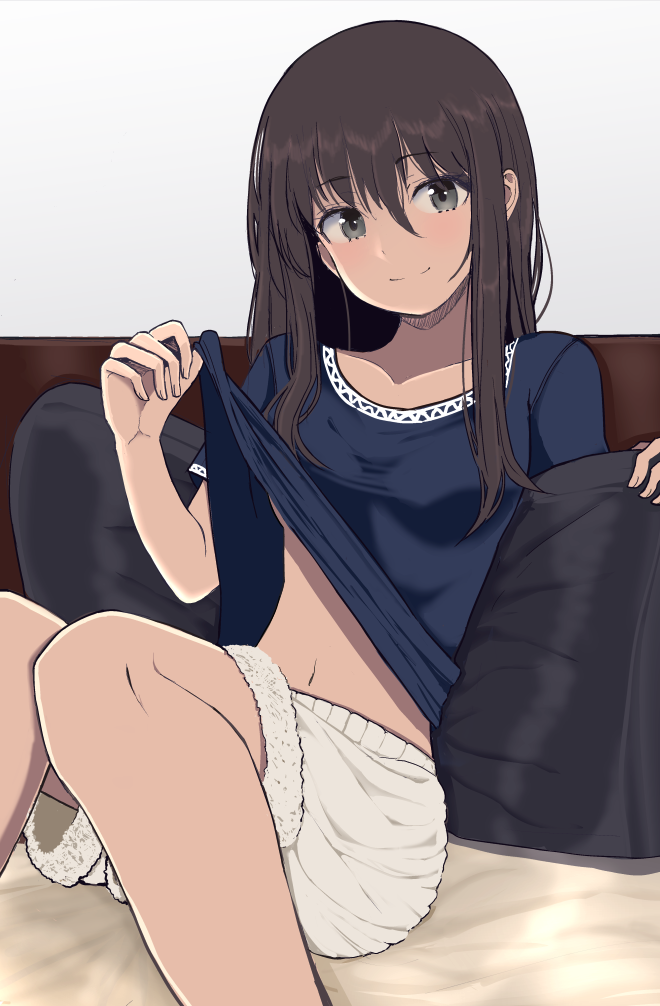 1girl, bangs, black_hair, blue_shirt, blush, breasts, closed_mouth, collarbone
