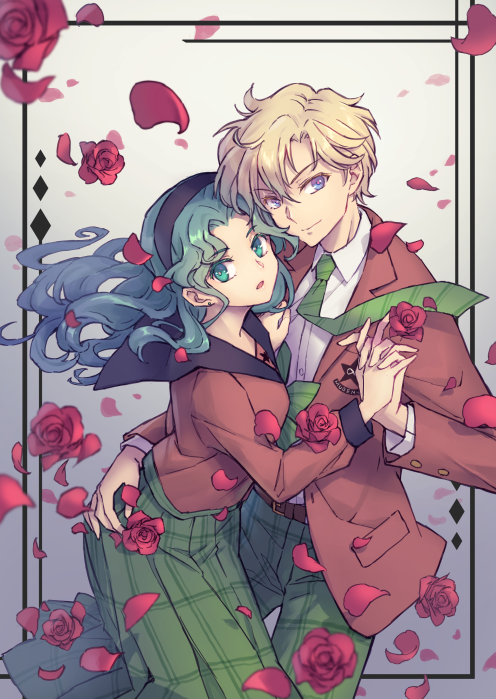 androgynous, bishoujo_senshi_sailor_moon, blonde_hair, blue_eyes, couple, cowboy_shot, flower, green_eyes