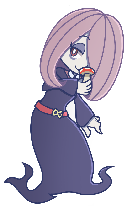 1girl, bags_under_eyes, banpresto, belt, collar, commentary, english_commentary, eyebrows_visible_through_hair, eyelashes, eyeshadow, furiousth, hair_over_one_eye, holding, little_witch_academia, long_hair, long_sleeves, luna_nova_school_uniform, makeup, mushroom, pale_skin, parody, pink_hair, puyopuyo, red_belt, red_eyes, school_uniform, sega, shueisha, sideways_glance, smile, solo, studio_trigger, style_parody, sucy_manbavaran, tokyo_mx, transparent_background, white_collar