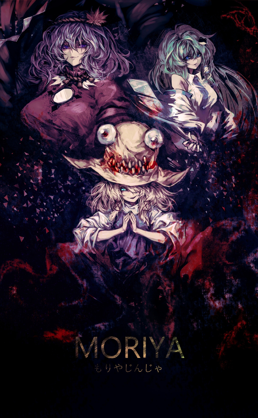 3girls, absurdres, black_background, black_nails, blonde_hair, blood, bloody_clothes, blue_eyes