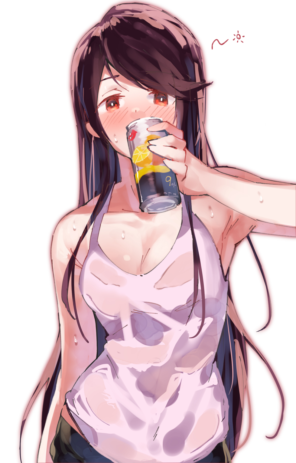 1girl, alcohol, blush, breasts, can, commentary, drinking, drunk, green_pants, gundou_mirei, highres, long_hair, looking_at_viewer, medium_breasts, nijisanji, pants, ramu_(taka1995), red_eyes, shirt, simple_background, sketch, sleeveless, solo, strong_zero, sweat, upper_body, very_long_hair, virtual_youtuber, wet, wet_clothes, wet_shirt, white_background, white_shirt