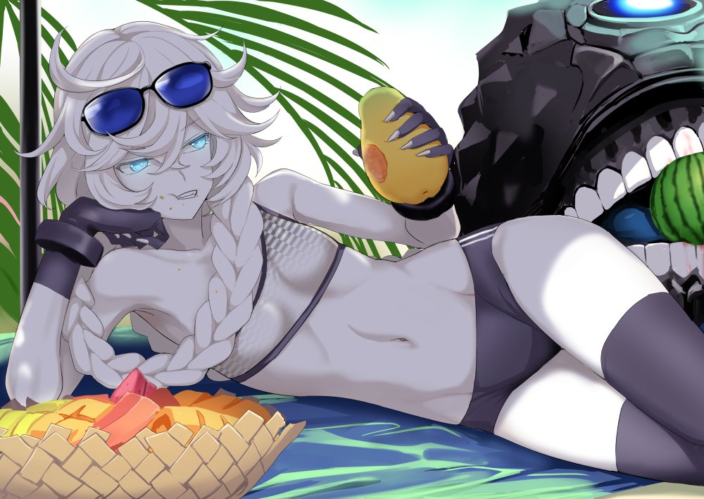1girl, bangs, bikini, black_gloves, black_legwear, blue_eyes, braid, breasts