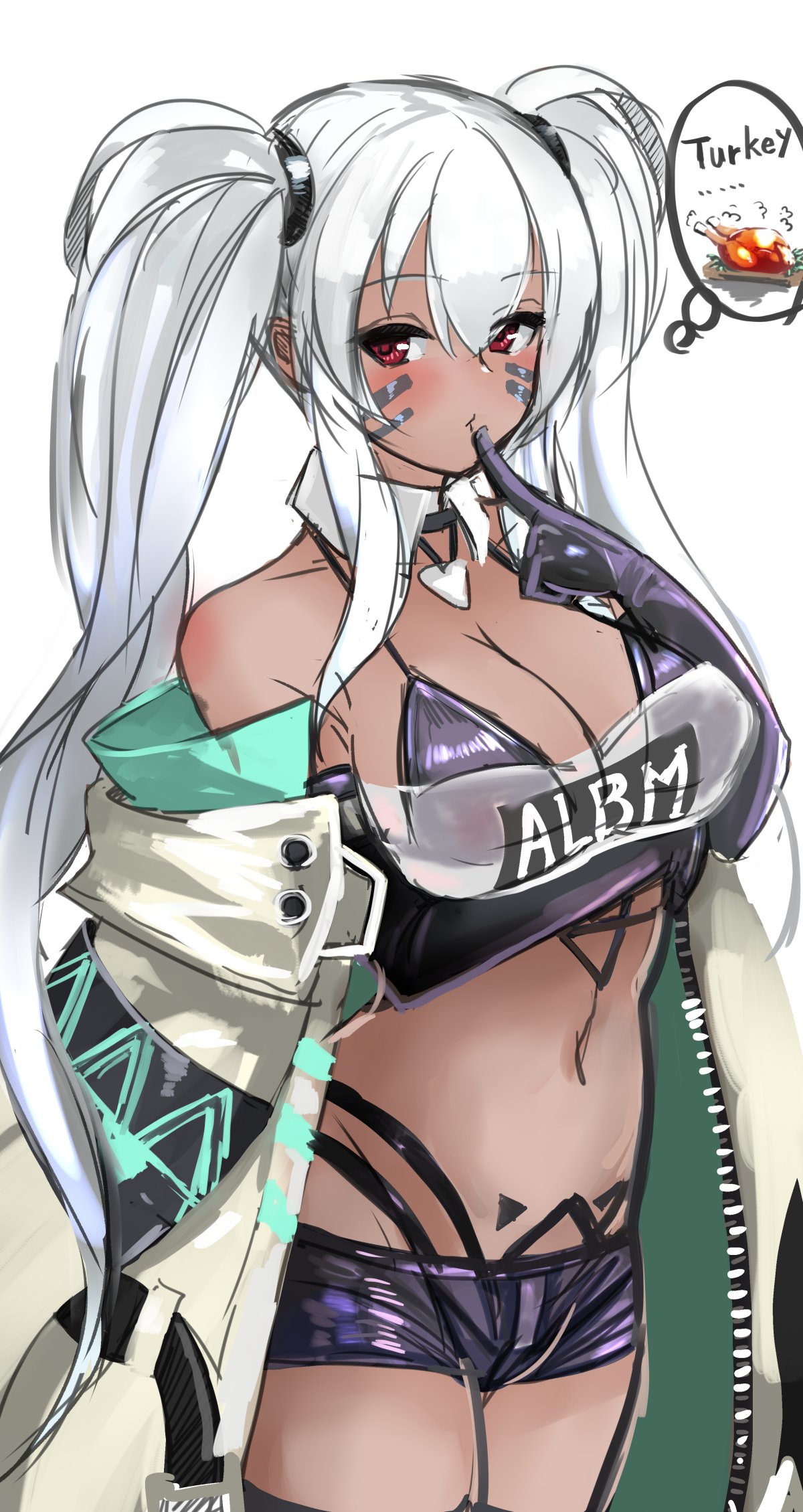 alabama_(azur_lane), azur_lane, bikini, black_bikini_top, bodypaint, commentary_request, detached_collar, facepaint