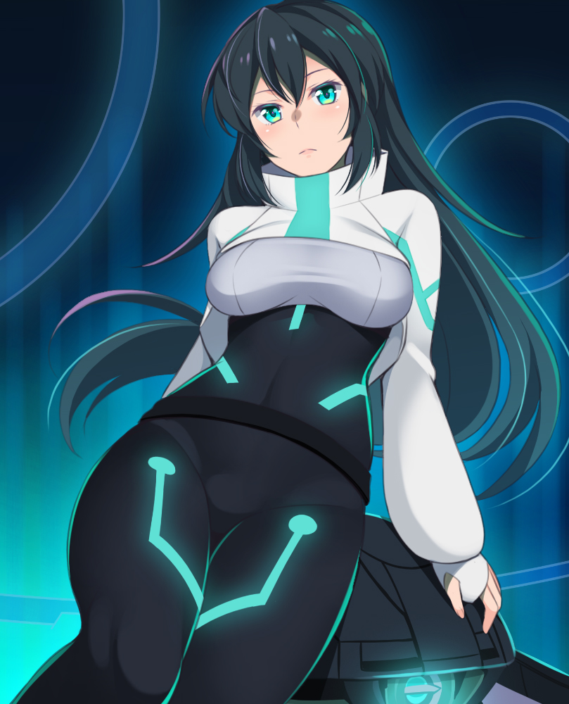 1girl, aqua_eyes, bangs, black_hair, blue_background, blush, bodysuit, breasts, covered_navel, frown, glowing, gundam_build_divers_re:rise, hair_between_eyes, honda_naoki, jacket, lips, long_hair, may_(gundam_build_divers_re:rise), medium_breasts, shiny, shiny_hair, solo, very_long_hair, white_jacket, wodom_pod