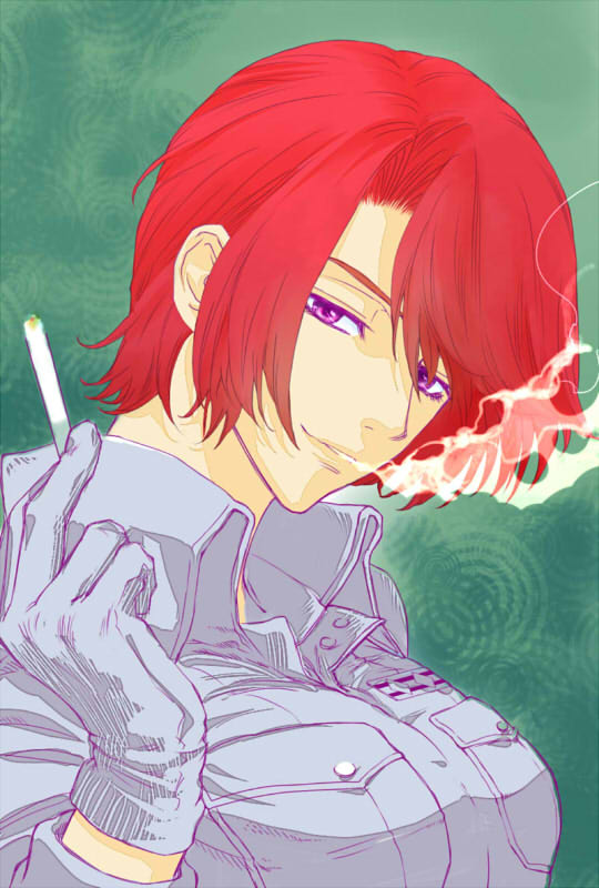 1girl, bangs, between_fingers, blowing_smoke, breast_pocket, breasts, cigarette, colored_eyelashes, escargot_punch, gloves, green_background, holding, holding_cigarette, large_breasts, light_smile, looking_at_viewer, overalls, parted_bangs, pocket, pumpkin_scissors, redhead, short_hair, smoke, smoking, solo, upper_body, violet_eyes, webner