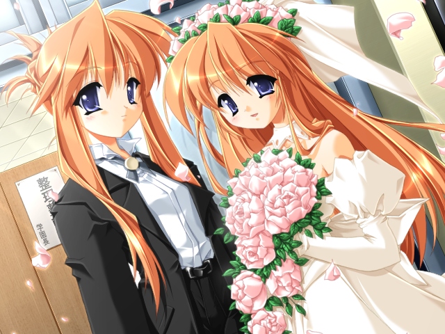 bouquet, bouquets, bride, dress, flower, formal, game_cg, long_hair