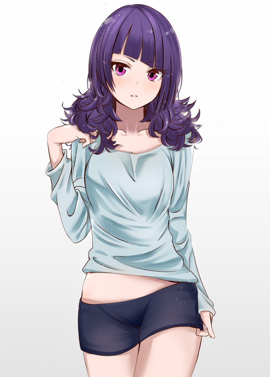1girl, aqua_shirt, black_shorts, collarbone, commentary_request, cowboy_shot, gradient, gradient_background