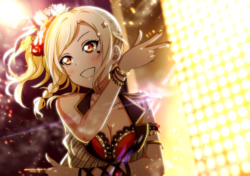 1girl, blonde_hair, bracelet, braid, breasts, collarbone, crop_top, flower, grin, gyaru, hair_flower, hair_ornament, heart_tattoo, highres, jewelry, kougi_hiroshi, love_live!, love_live!_school_idol_festival, meccha_going!!, miyashita_ai, nail_polish, perfect_dream_project, pose, ring, smile, solo, star, star_hair_ornament, tattoo, yellow_eyes