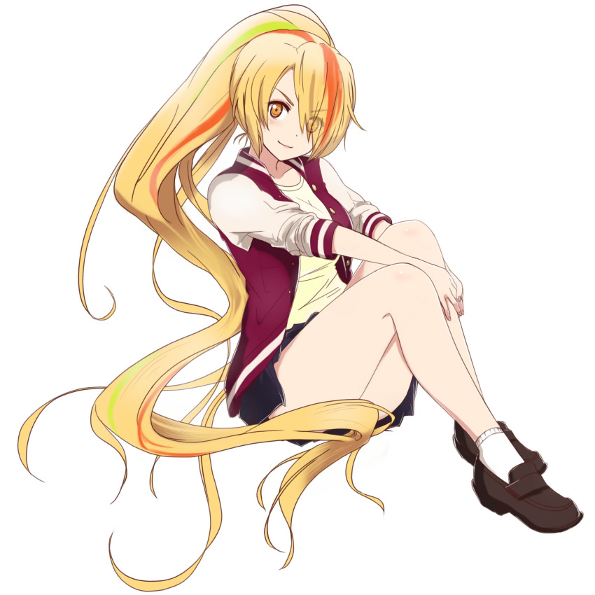 blonde_hair, convenient_censoring, green_hair, highres, jacket, letterman_jacket, long_hair, miniskirt