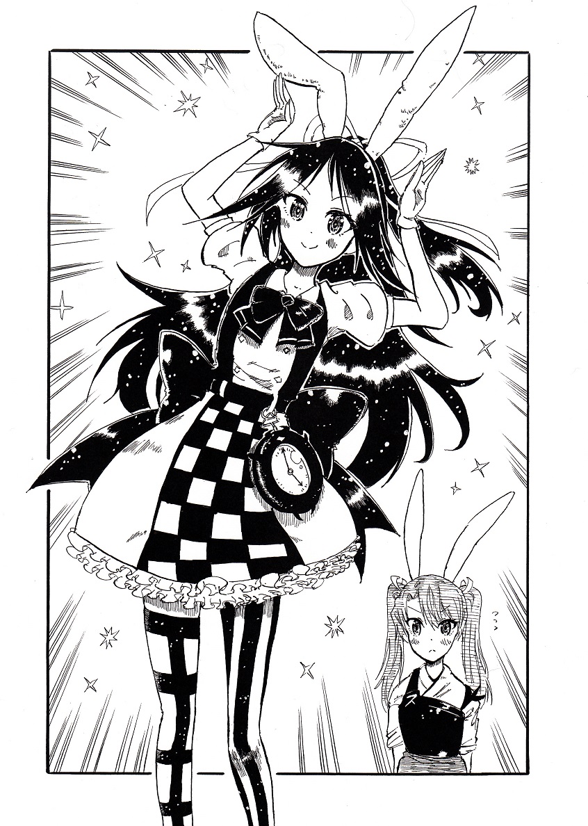 2girls, alternate_costume, animal_ears, bow, bunny_pose, clock, enemy_lifebuoy_(kantai_collection), hair_ribbon, japanese_clothes, kantai_collection, katsuragi_(kantai_collection), long_hair, mismatched_legwear, monochrome, multiple_girls, rabbit_ears, ribbon, sayonara444, skit, thigh-highs, traditional_media, twintails, zuikaku_(kantai_collection)