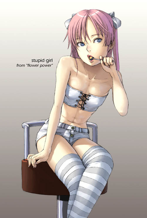 blue_eyes, duplicate, midriff, pink_hair, striped, striped_legwear, striped_thighhighs, thigh-highs