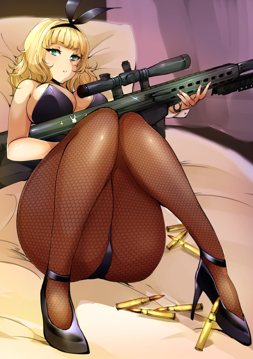 1girl, agetama, animal_ears, anti-materiel_rifle, bare_shoulders, barrett_m82, bipod, black_footwear, black_leotard, blonde_hair, breasts, bunny_girl, bunnysuit, commentary_request, fake_animal_ears, fishnet_pantyhose, fishnets, green_eyes, gun, high_heels, highleg, highleg_leotard, highres, holding, holding_gun, holding_weapon, large_breasts, leotard, medium_hair, on_bed, pantyhose, pillow, rabbit_ears, rifle, saionji_usagi, scope, sniper_rifle, solo, strapless, strapless_leotard, taimadou_gakuen_35_shiken_shoutai, weapon, wrist_cuffs