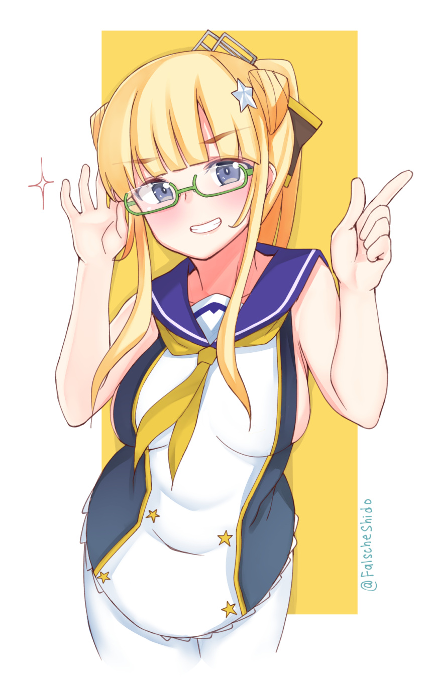 1girl, azur_lane, bespectacled, blonde_hair, blue_eyes, blush, breasts, commentary_request
