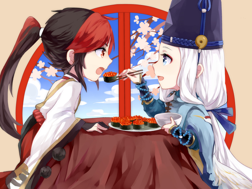 2boys, abe_no_seimei_(onmyoji), beads, black_hair, blue_eyes, blue_ribbon, blue_sky, bowl, cherry_blossoms, chibi, chinese_clothes, chopsticks, clouds, eating, hat, highres, holding, holding_bowl, holding_chopsticks, jewelry, long_hair, long_sleeves, looking_at_another, male_focus, minamoto_no_hiromasa, multicolored_hair, multiple_boys, onmyoji, open_mouth, ponytail, red_eyes, redhead, ribbon, sky, table, tate_eboshi, tiyi_(tiyi_a09), two-tone_hair, very_long_hair, white_hair, window