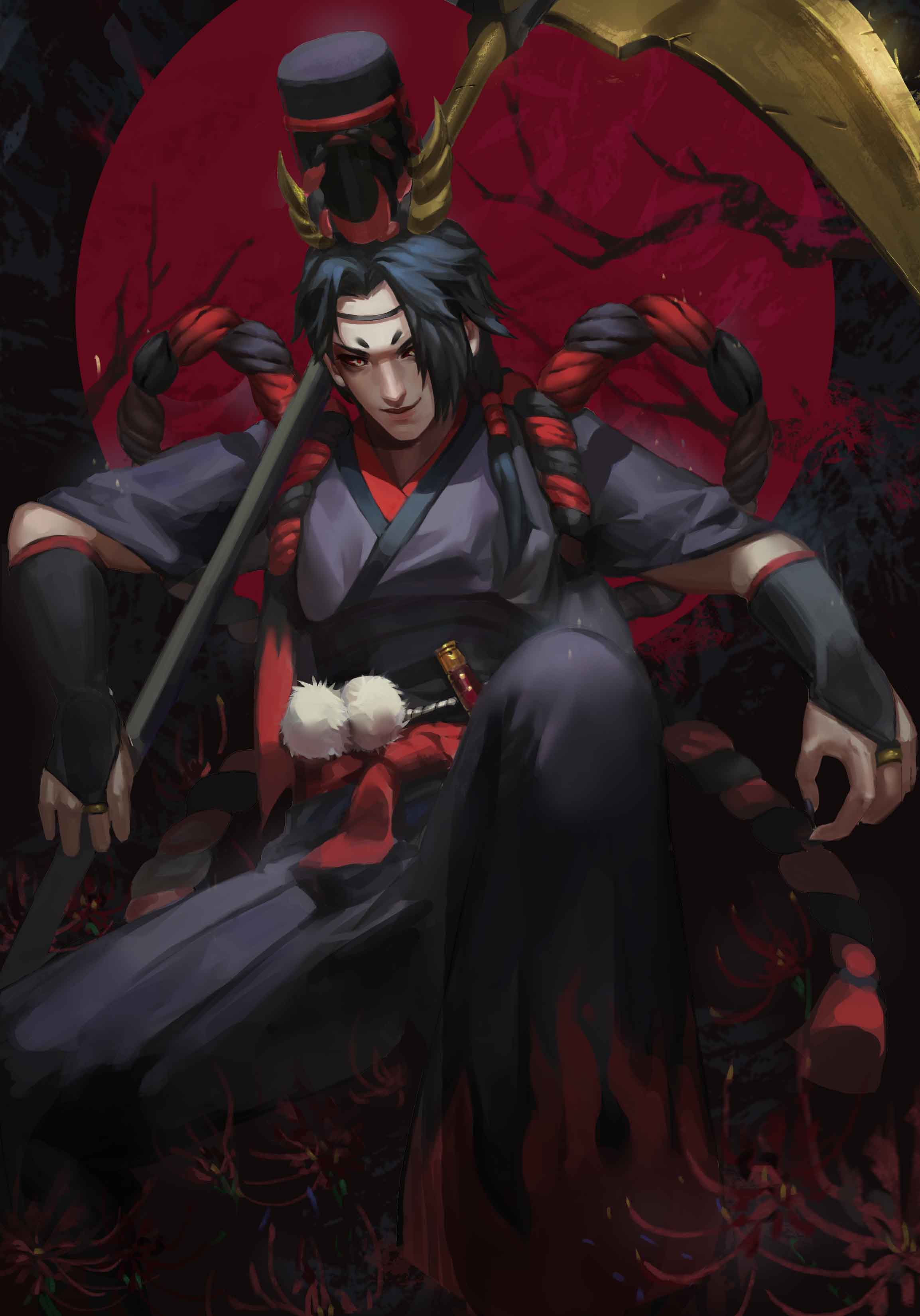 1boy, absurdres, black_gloves, black_hair, black_headwear, bridal_gauntlets, commentary_request, flower