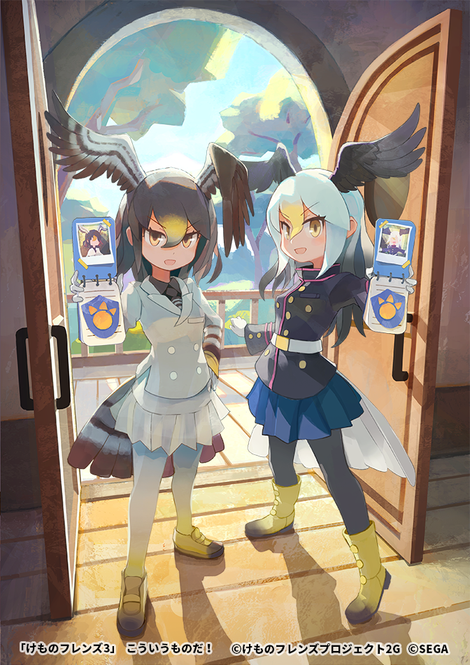 2girls, :d, animal_print, backlighting, badge, bald_eagle_(kemono_friends), bangs, belt