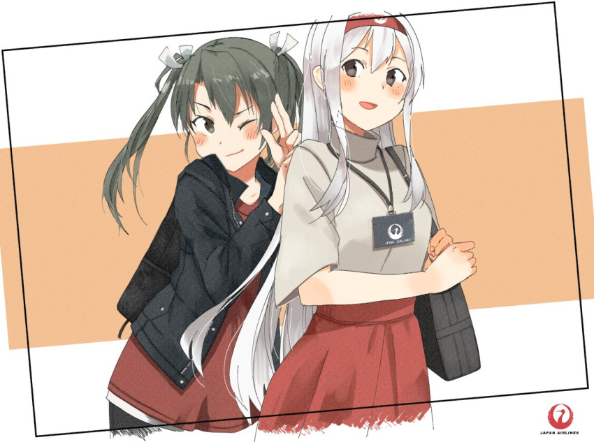 2girls, alternate_costume, annin_musou, backpack, bag, black_eyes, black_jacket, commentary_request