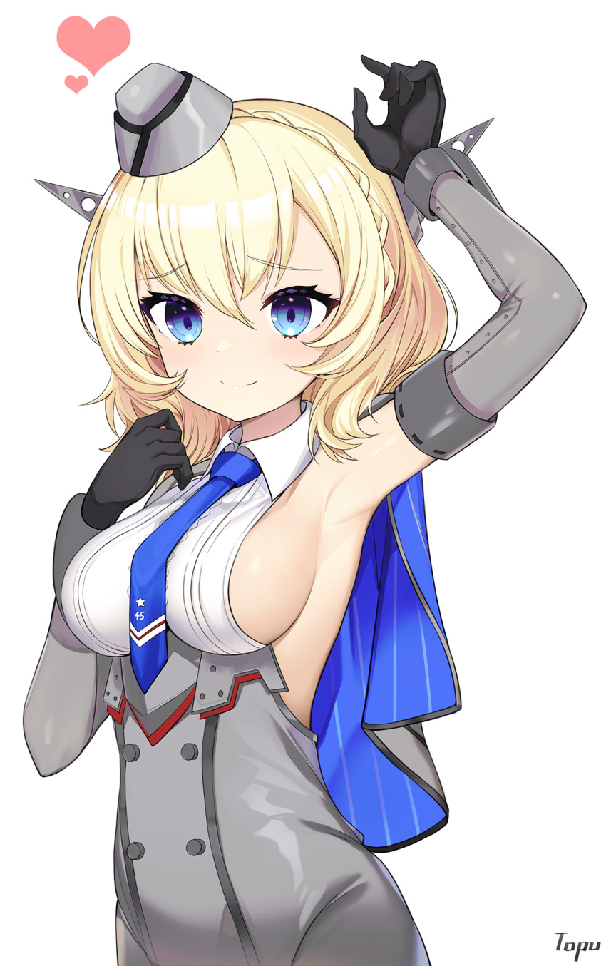 1girl, arm_up, armpits, artist_name, bare_shoulders, black_gloves, blonde_hair, blue_eyes