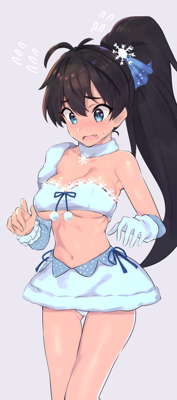 1girl, antenna_hair, black_hair, blue_eyes, blue_skirt, breasts, commentary_request, fang