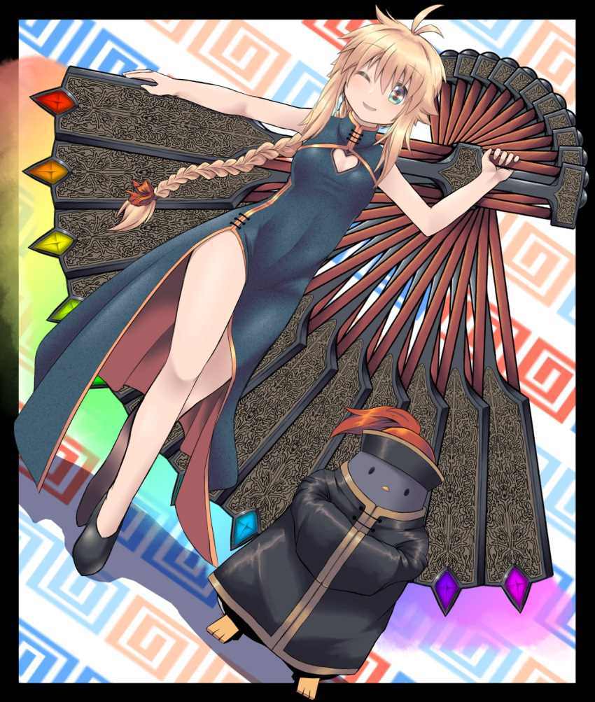 antenna_hair, bird, blonde_hair, breasts, china_dress, chinese_clothes, cleavage_cutout, dress