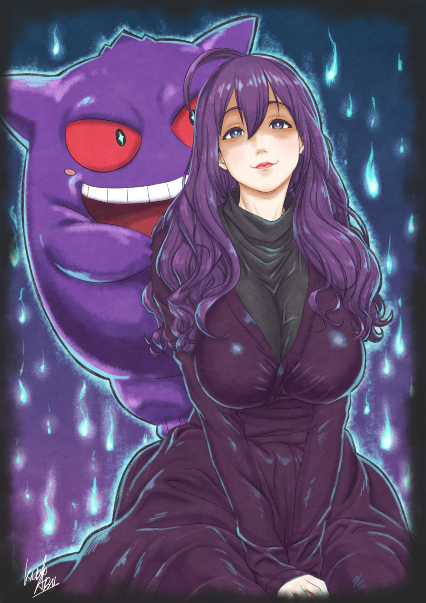 +_+, 1girl, ahoge, artist_request, breasts, bunny_ayumi, commentary_request, cosplay, dress, gengar, hair_between_eyes, hands_on_lap, hex_maniac_(pokemon), hex_maniac_(pokemon)_(cosplay), highres, hitodama, large_breasts, long_dress, long_hair, looking_at_viewer, messy_hair, pokemon, real_life, signature, smile, turtleneck, violet_eyes, wavy_hair