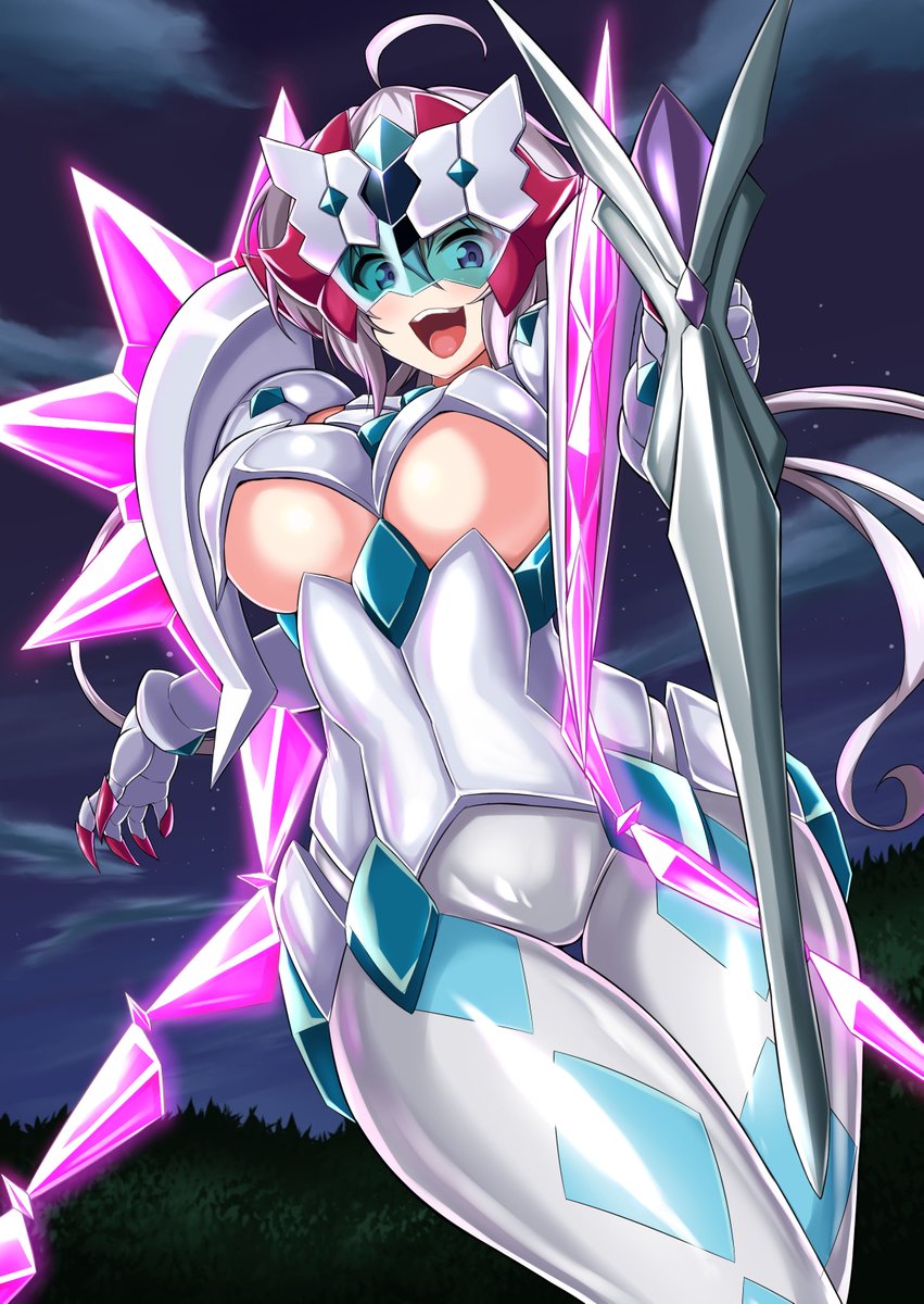 1girl, :d, ahoge, armor, bodysuit, breasts, commentary_request, highres