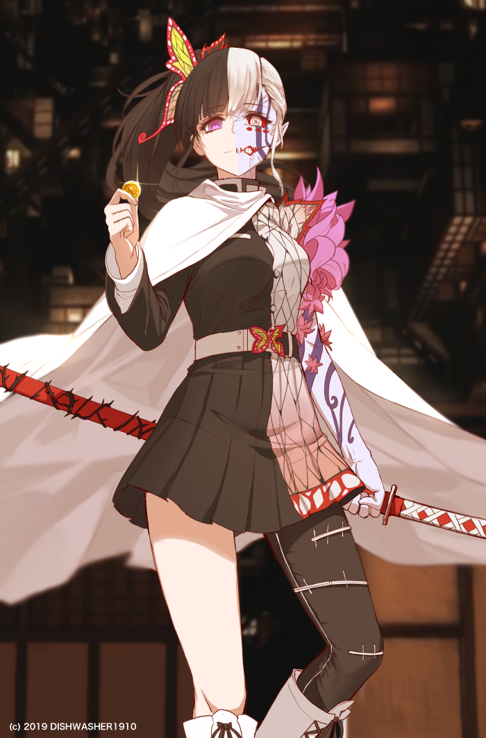 1girl, 2019, artist_name, bangs, belt, belt_buckle, black_belt, black_hair
