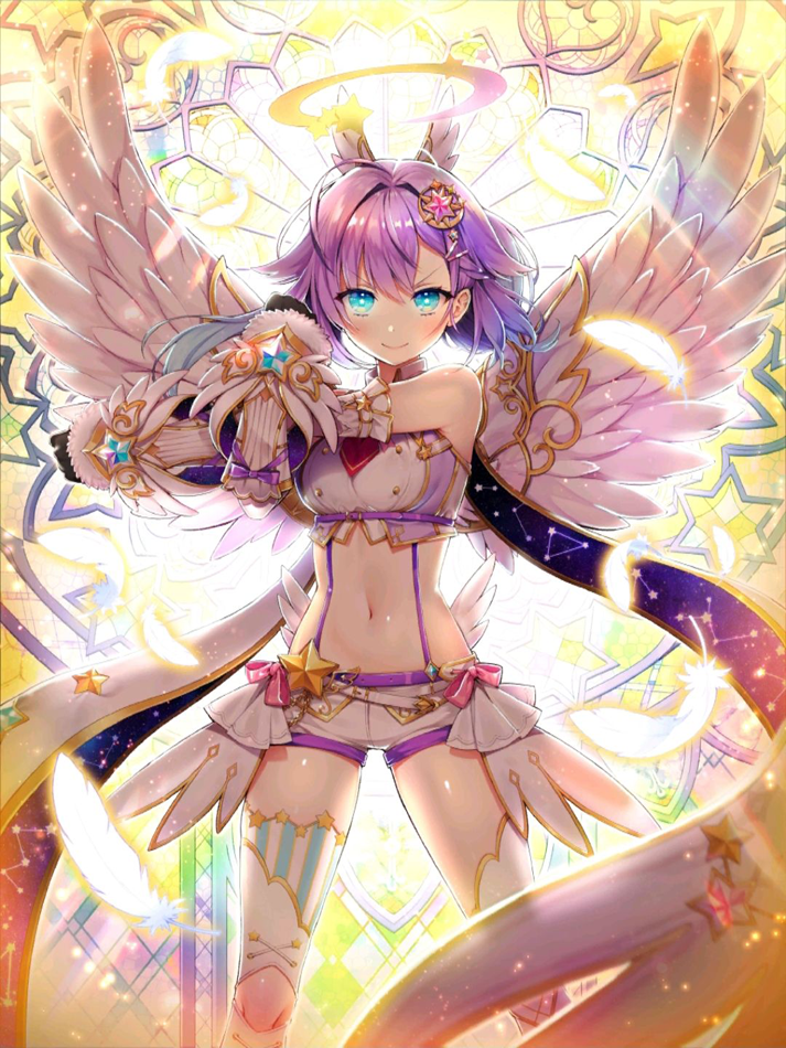 1girl, angel, angel_wings, backlighting, bare_shoulders, black_gloves, blue_eyes, breasts, byulzzimon, constellation_print, crop_top, detached_sleeves, feathered_wings, feathers, gauntlets, gloves, hair_ornament, halo, looking_at_viewer, luka_(shironeko_project), medium_breasts, midriff, navel, purple_hair, shironeko_project, shirt, short_hair, short_shorts, shorts, smile, solo, standing, star, stomach, suspenders, thigh-highs, v-shaped_eyebrows, white_legwear, white_shirt, white_shorts, wings