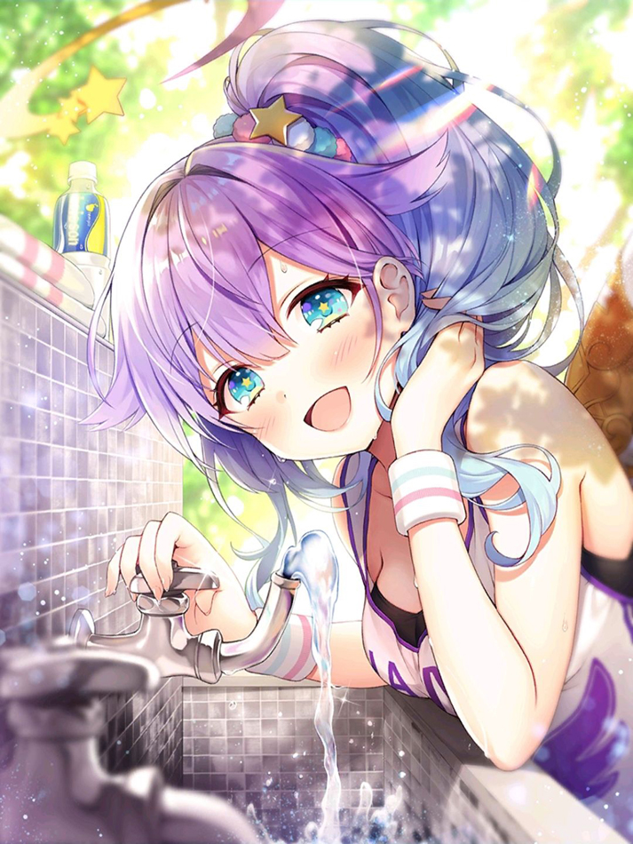 1girl, :d, bare_shoulders, blue_eyes, blurry, blush, bottle, breasts