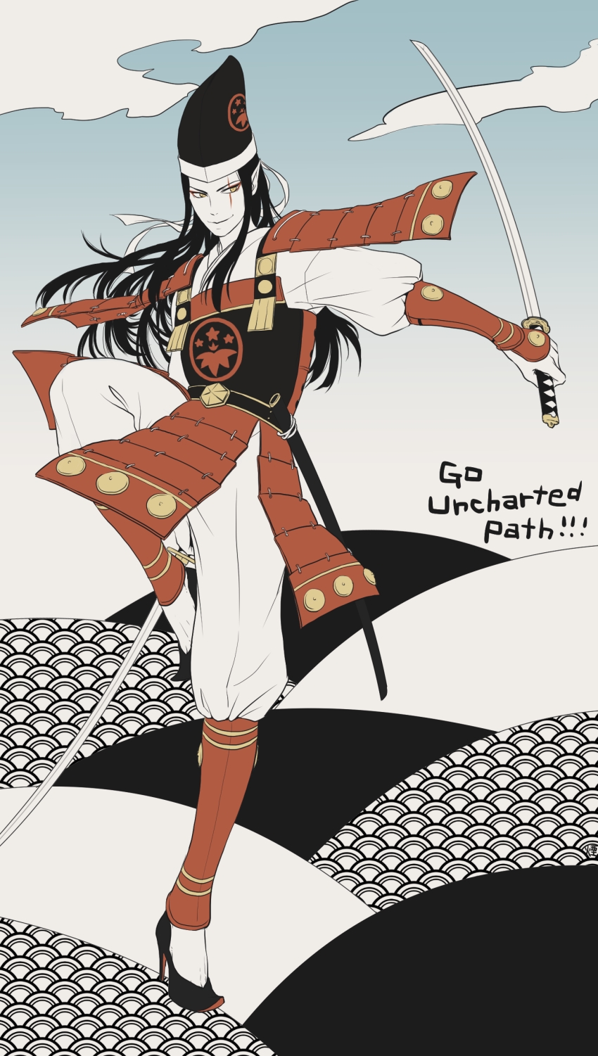 1boy, armor, black_hair, devil_summoner, dual_wielding, enraku_(kemulily), high_heels, highres, holding, holding_weapon, japanese_armor, kote, long_hair, male_focus, minamoto_no_yoshitsune, open_mouth, pointy_ears, shin_megami_tensei, shoulder_armor, smile, sode, solo, sword, weapon