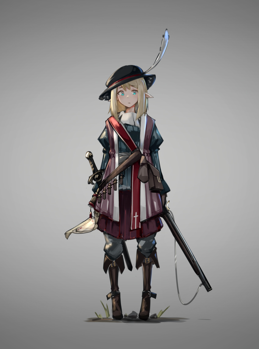 1girl, bangs, blonde_hair, blue_eyes, commentary_request, commission, deel_(rkeg), elf, eyebrows_visible_through_hair, grey_background, gun, hat, highres, holding, holding_gun, holding_map, holding_weapon, looking_at_viewer, original, pointy_ears, short_hair, simple_background, solo, standing, weapon