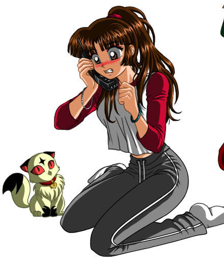 blush, casual, contemporary, cordless_phone, eyeshadow, inuyasha, kirara, kirara_(inuyasha), kneeling, mikaila, phone, ponytail, sango