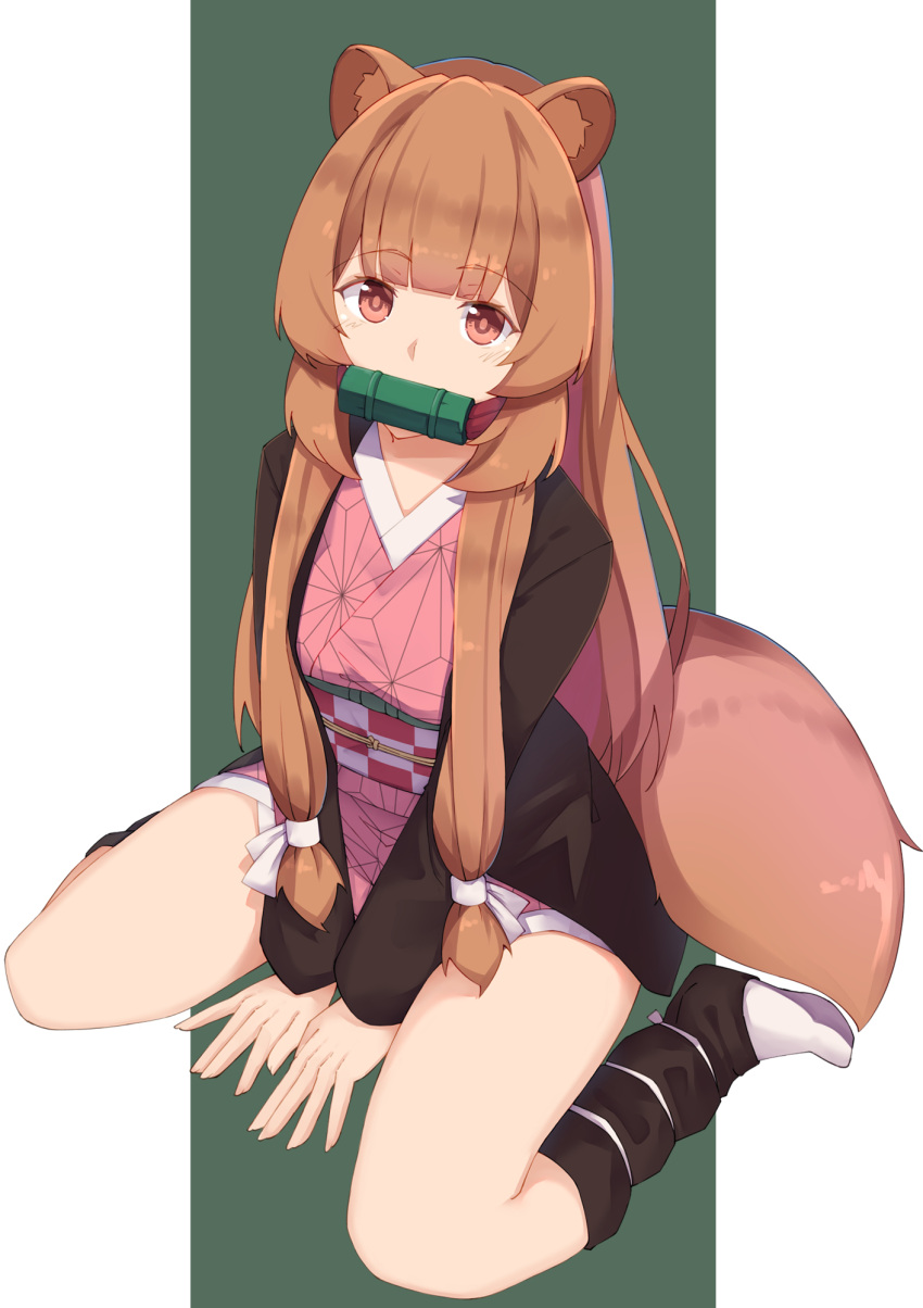 1girl, animal_ear_fluff, animal_ears, bamboo, bangs, bit_gag, blush, brown_hair, cosplay, english_commentary, eyebrows_visible_through_hair, full_body, gag, green_background, highres, japanese_clothes, kamado_nezuko, kamado_nezuko_(cosplay), kimetsu_no_yaiba, kimono, kusubii, long_hair, long_sleeves, looking_at_viewer, mouth_hold, obi, pink_kimono, raccoon_ears, raccoon_girl, raccoon_tail, raphtalia, revision, sash, simple_background, sitting, solo, tail, tate_no_yuusha_no_nariagari, very_long_hair, wariza