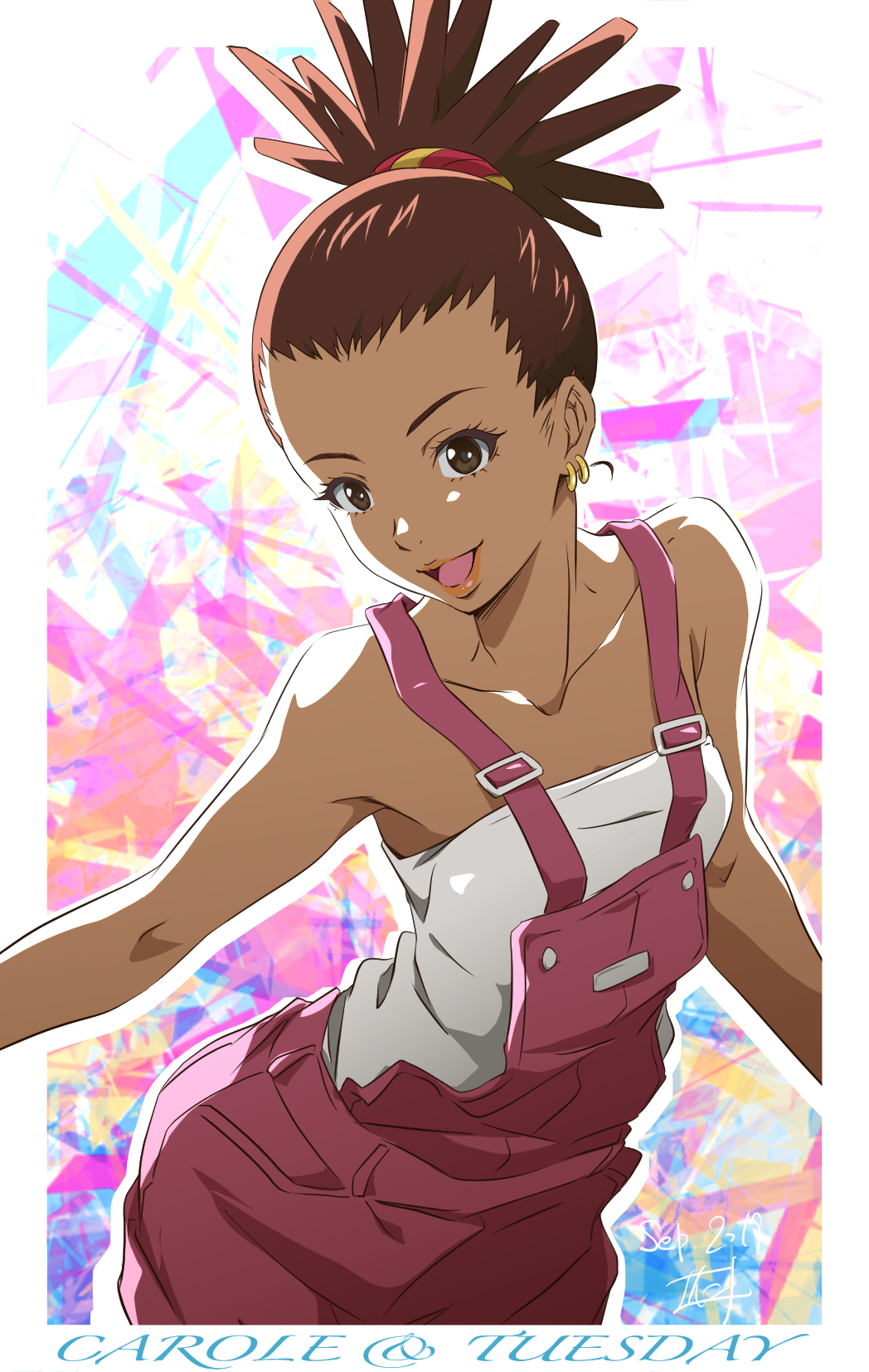1girl, bare_shoulders, brown_eyes, brown_hair, carole_&amp;_tuesday, carole_stanley, collarbone, commentary
