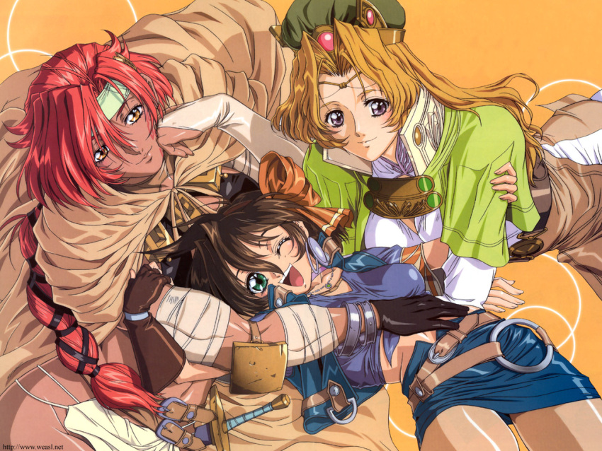 arm_grab, bandages, belt, blonde_hair, blush, bow, braid, bridal_gauntlets, brown_hair, cape, chin_rest, choker, circlet, dark_skin, dutch_angle, earrings, facial_mark, fingerless_gloves, gloves, green_eyes, hair_bow, hat, headband, hug, hug_from_behind, jacket, jeanie, jeannie, jewelry, long_hair, mahou_senshi_louie, melissa, merrill, midriff, miniskirt, multiple_girls, muscle, navel, necklace, orange_eyes, pantyhose, ponytail, purple_eyes, red_hair, redhead, rune_soldier, short_hair, skirt, smile, sword, tied_shirt, violet_eyes, wallpaper, watermark, weapon, wink, yokota_mamoru