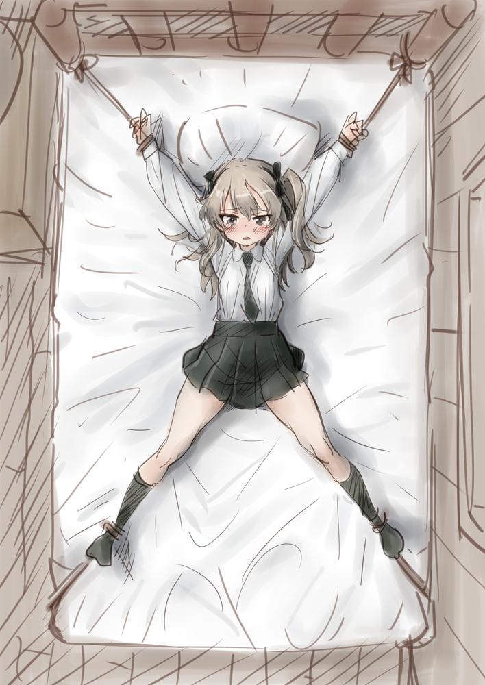 1girl, bangs, bed, bedroom, black_legwear, black_neckwear, black_ribbon, black_skirt, blush, bound, bound_arms, bound_legs, brown_eyes, dress_shirt, from_above, frown, girls_und_panzer, hair_ribbon, indoors, light_brown_hair, long_hair, looking_at_viewer, lying, military, military_uniform, miniskirt, necktie, nyororiso_(muyaa), on_back, on_bed, one_side_up, parted_lips, pleated_skirt, ribbon, rope, selection_university_military_uniform, shimada_arisu, shirt, skirt, socks, solo, tearing_up, uniform, white_shirt