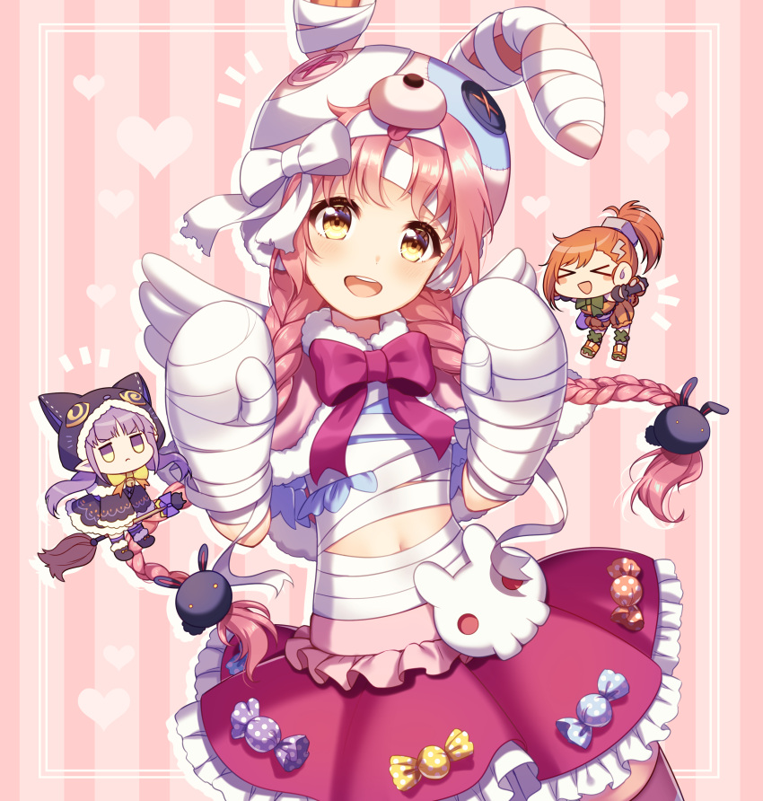 >_<, 3girls, :d, absurdres, akane_mimi, animal_ears, animal_hat, animal_hood