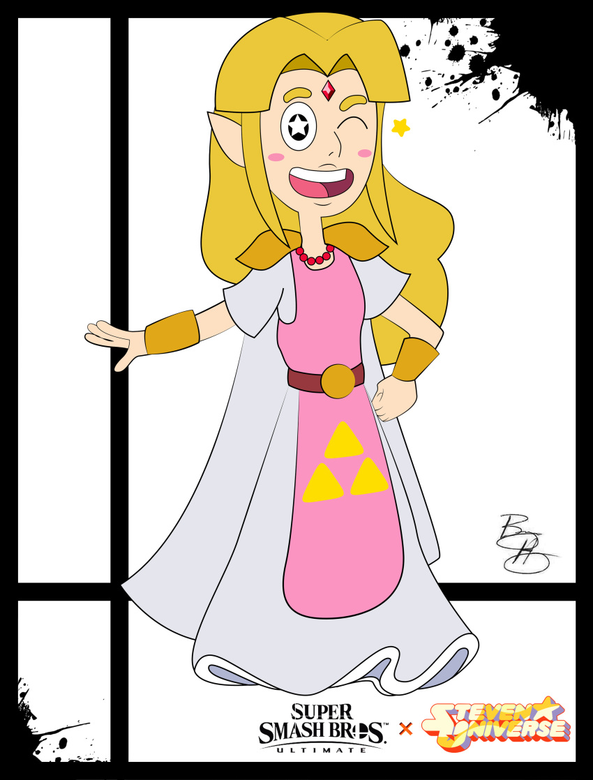 1girl, artist_name, blonde_hair, blush_stickers, cartoon_network, dress, elf, hylian, nintendo, nintendo_ead, one_eye_closed, open_mouth, parody, princess_zelda, rebecca_sugar_(style), solo, sora_(company), splatter, steven_universe, style_parody, super_smash_bros., super_smash_bros._ultimate, super_smash_bros_melee, the_legend_of_zelda, the_legend_of_zelda:_a_link_between_worlds, turner_entertainment, upper_teeth, wink