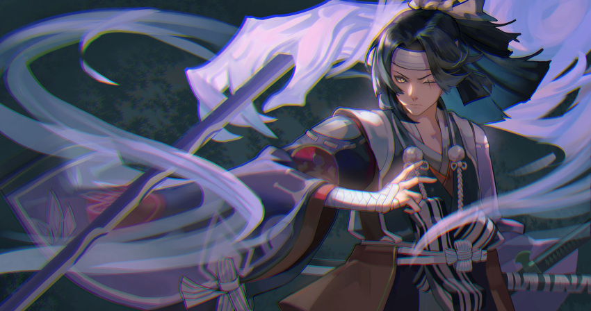 1boy, bandaged_arm, bandages, black_hair, closed_mouth, commentary_request, dark_background, highres, long_hair, long_sleeves, looking_at_viewer, male_focus, nack, one_eye_closed, onikiri_(onmyoji), onmyoji, pom_pom_(clothes), scar, scar_across_eye, solo, standing, sword, weapon, yellow_eyes