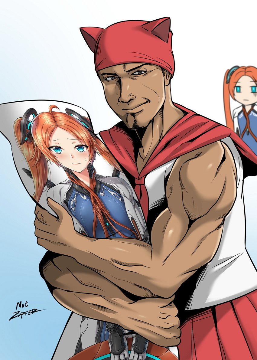 2boys, ahoge, bare_shoulders, blue_eyes, blush, body_pillow, bodysuit, closed_mouth, commentary, dakimakura, eyebrows_visible_through_hair, girly_boy, hair_ornament, humanization, long_hair, looking_at_viewer, multiple_boys, nezha_(warframe), otoko_no_ko, redhead, smile, twintails, warframe, zxpfer