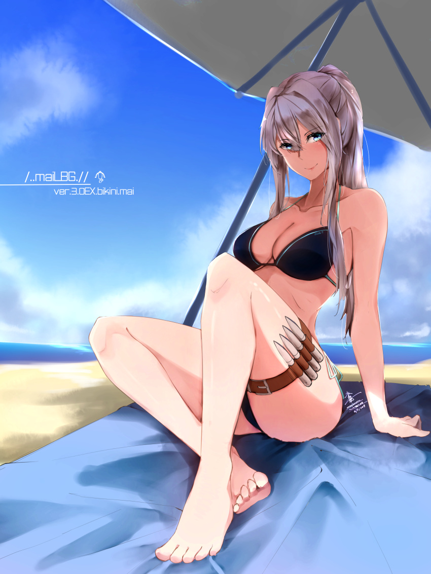 1girl, absurdres, bangs, bare_shoulders, barefoot, beach, bikini, blue_eyes